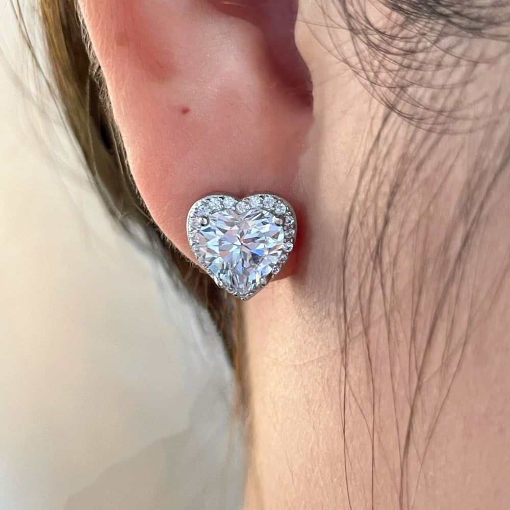 Silver Zircon Heart Cut Big Inlaid Halo Ear Studs