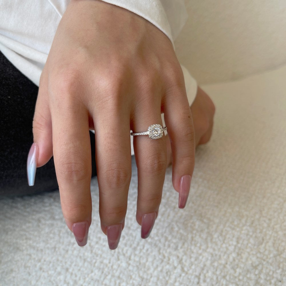 Silver Zircon Cushion Square Cut Iced Halo Ring