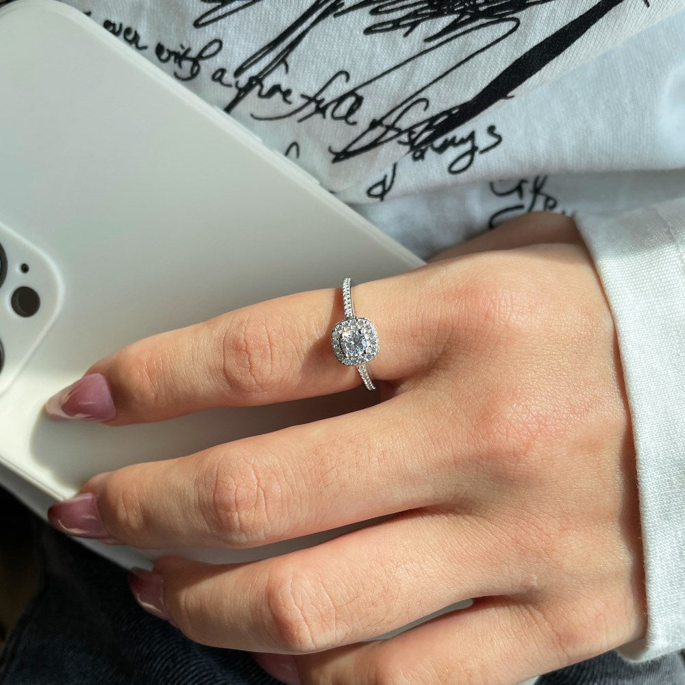 Silver Zircon Cushion Square Cut Iced Halo Ring