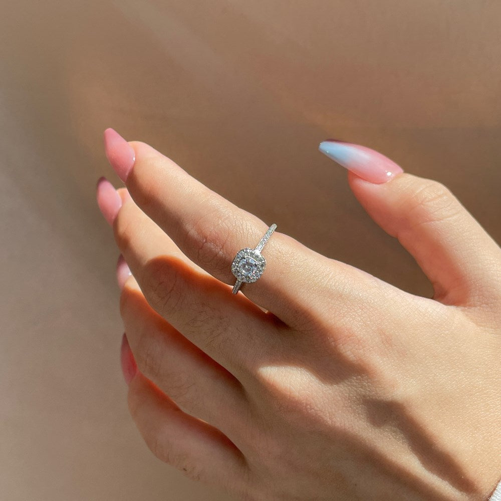 Silver Zircon Cushion Square Cut Iced Halo Ring