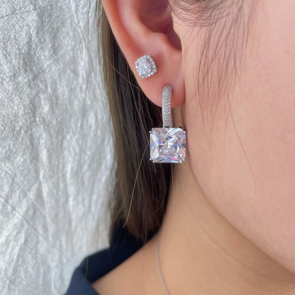 Silver Zircon Round Cut Cushion Ear Studs