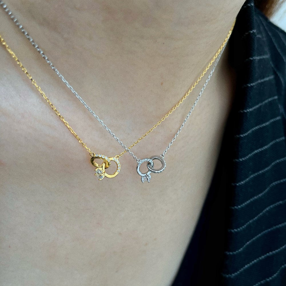 Silver Zircon Round Cut Interlocking Ring Pendant Necklace