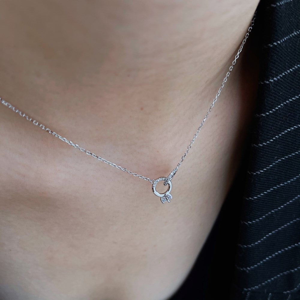 Silver Zircon Round Cut Interlocking Ring Pendant Necklace