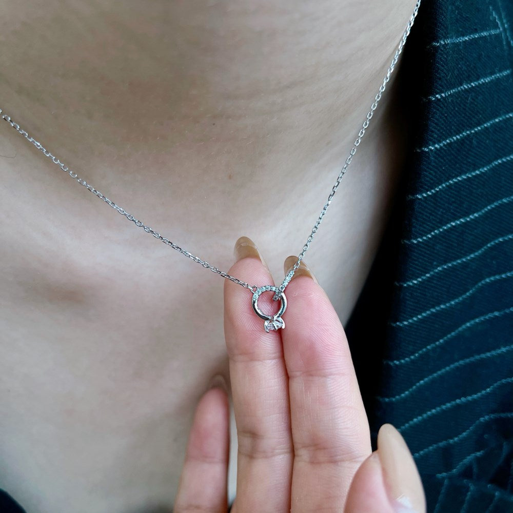Silver Zircon Round Cut Interlocking Ring Pendant Necklace