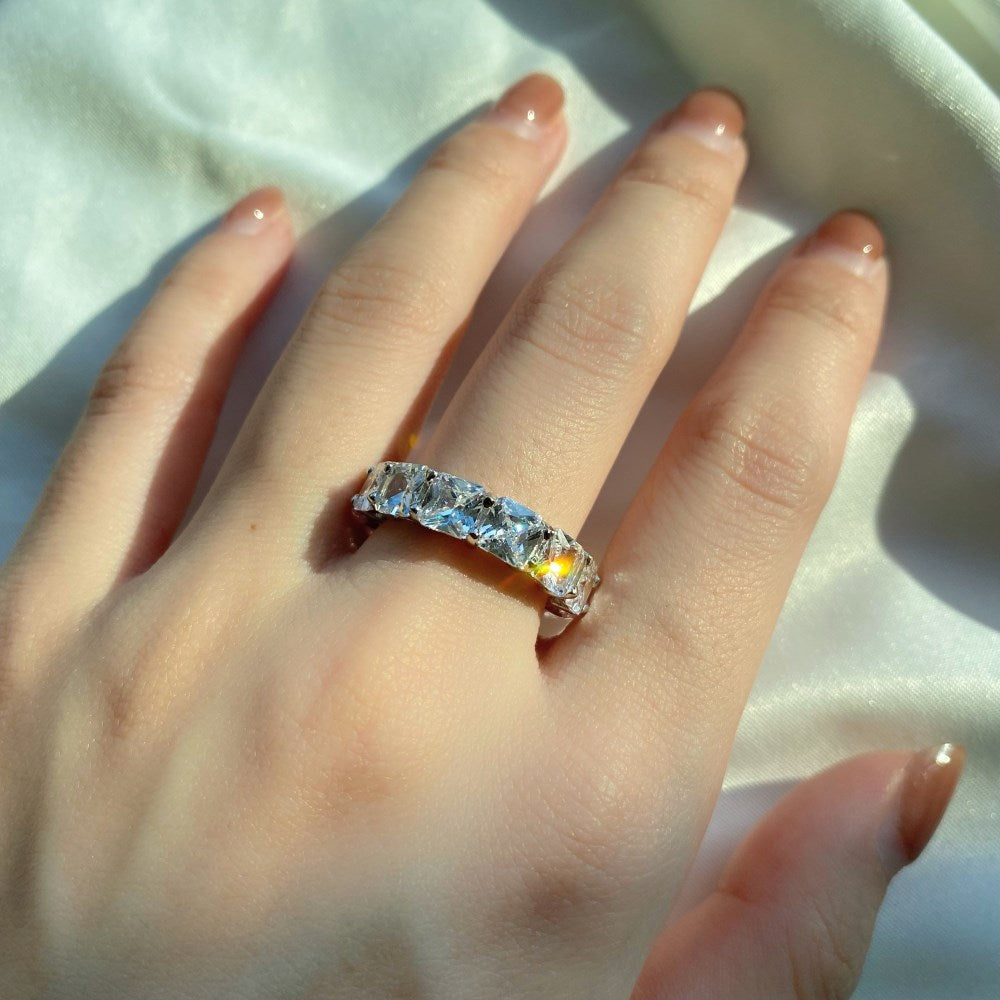 Silver Zircon Princess Cut Wrapped Band Eternity Ring