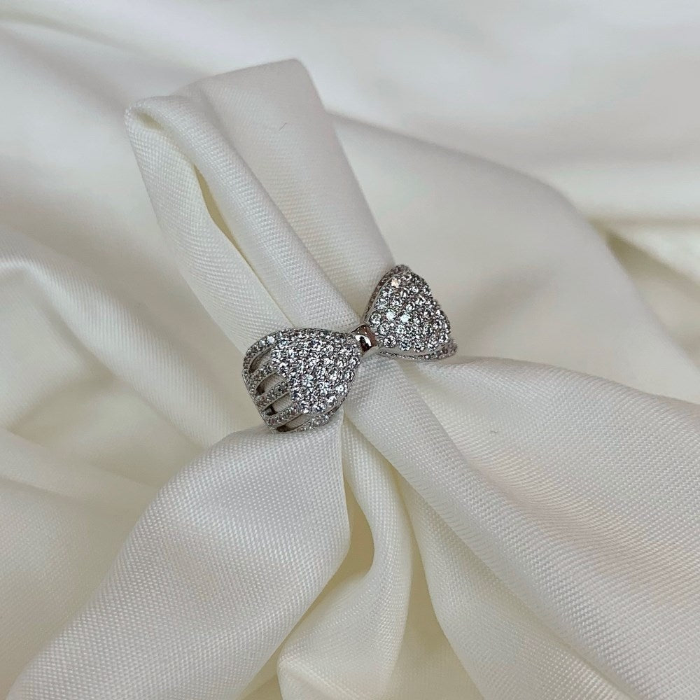 Silver Zircon Round Cut Open Inlaid Bow Dainty Ring