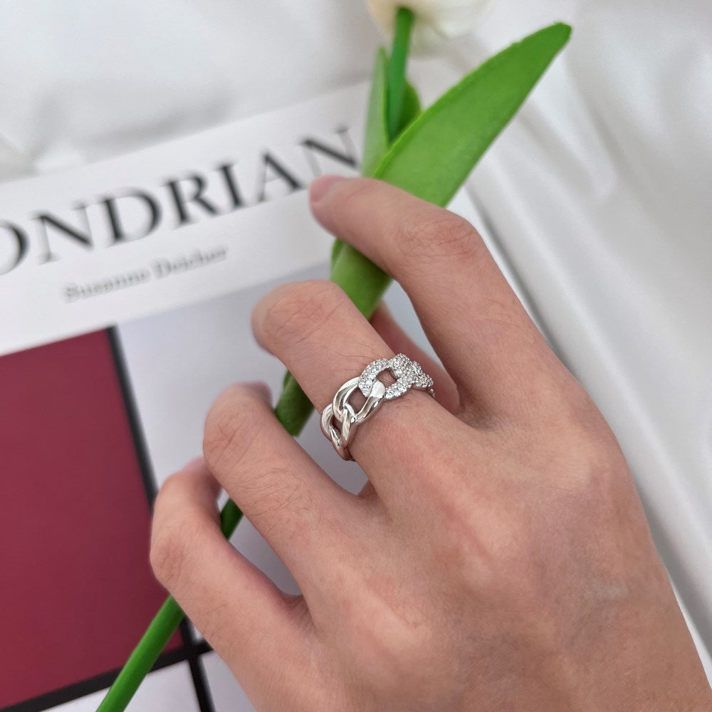 Silver Zircon Round Cut Inlaid Cuban Eternity Ring