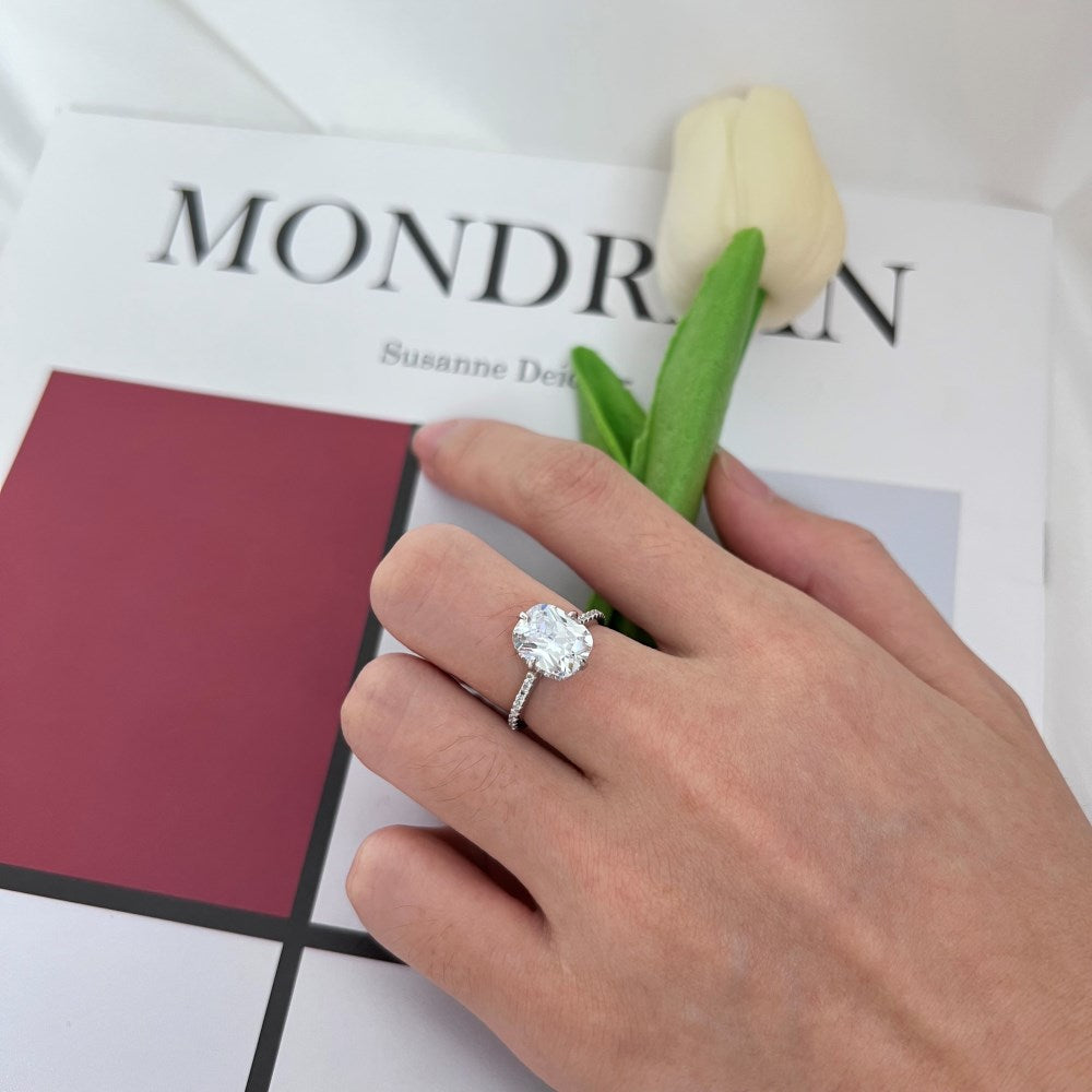 Silver Zircon Cushion Cut Inlaid Layered Solitaire Ring