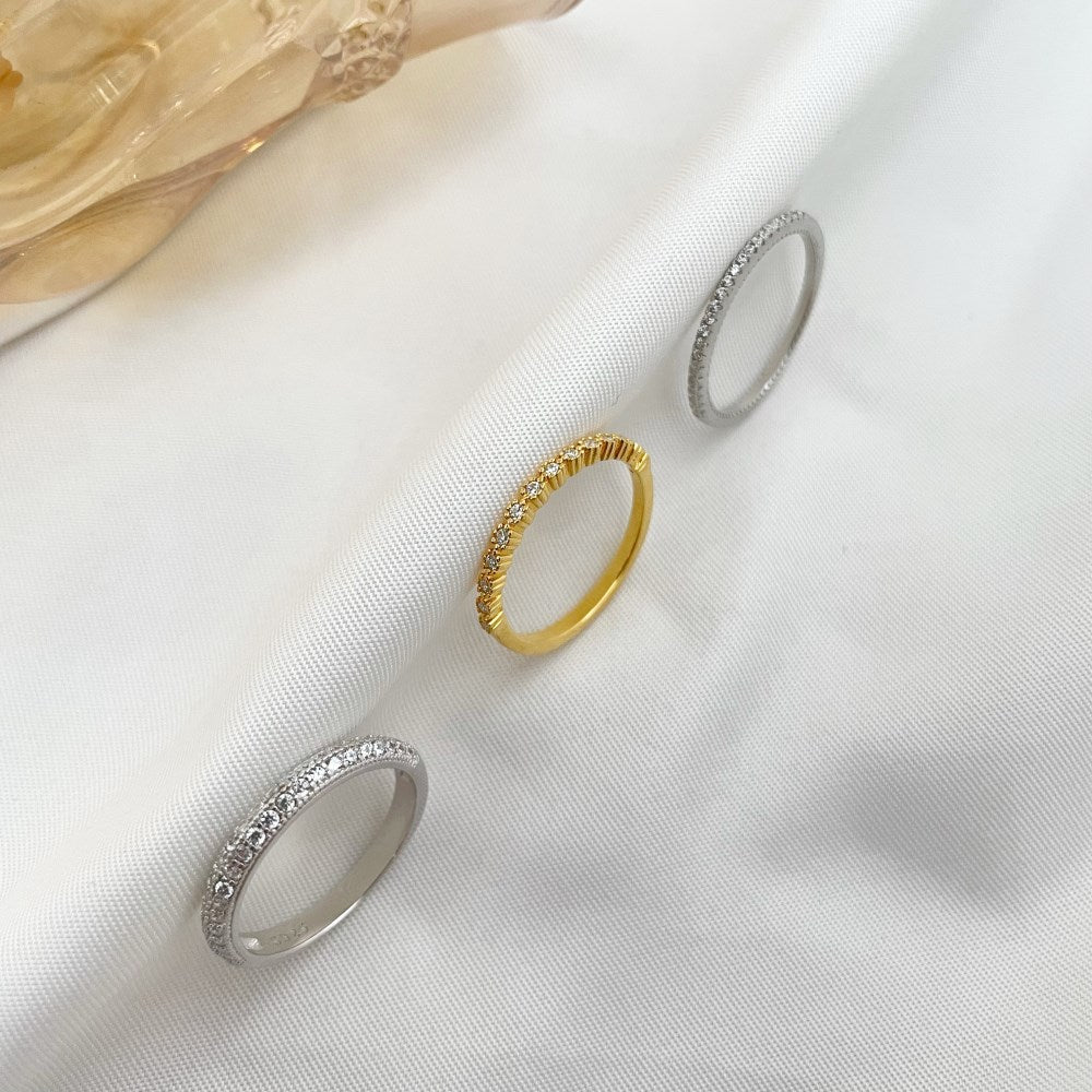 Silver Zircon Round Cut Thin Wrapped Inlaid Eternity Ring