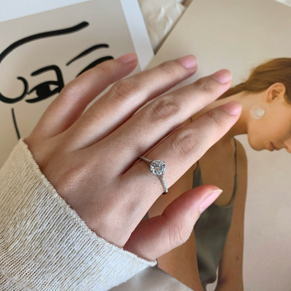 Silver Zircon Round Cut Wrapped Inlaid Solitaire Ring