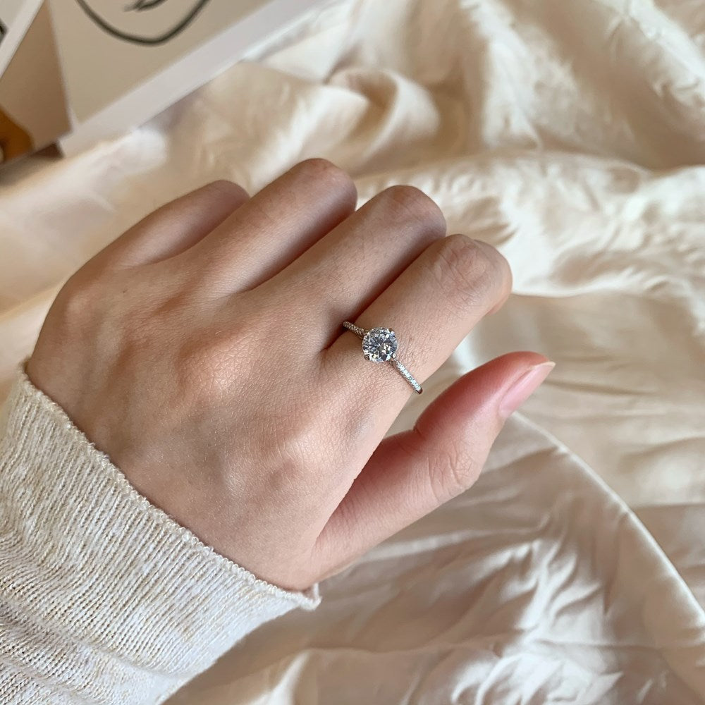 Silver Zircon Round Cut Wrapped Inlaid Solitaire Ring