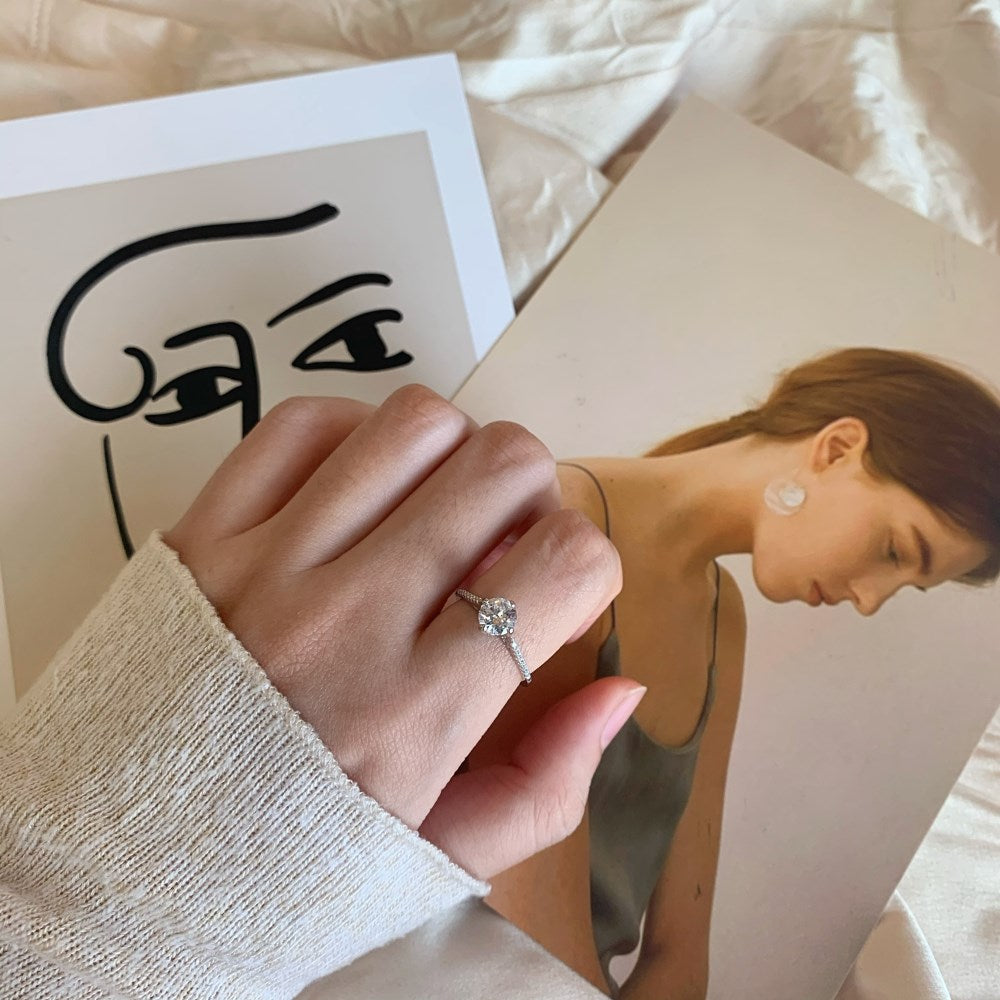 Silver Zircon Round Cut Wrapped Inlaid Solitaire Ring