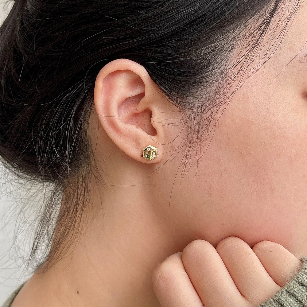 Silver Zircon Round Cut Hexagon Ear Studs