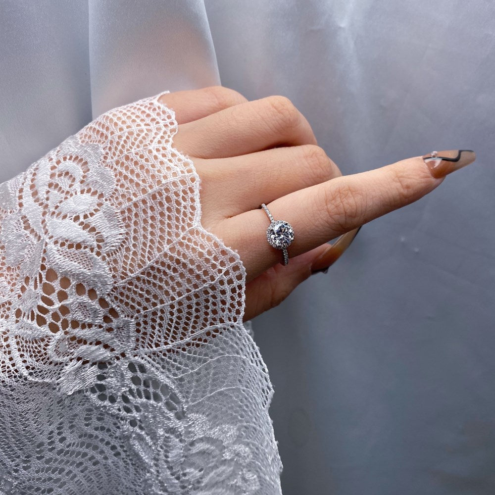 Silver Zircon Round Cut Iced Inlaid Halo Ring