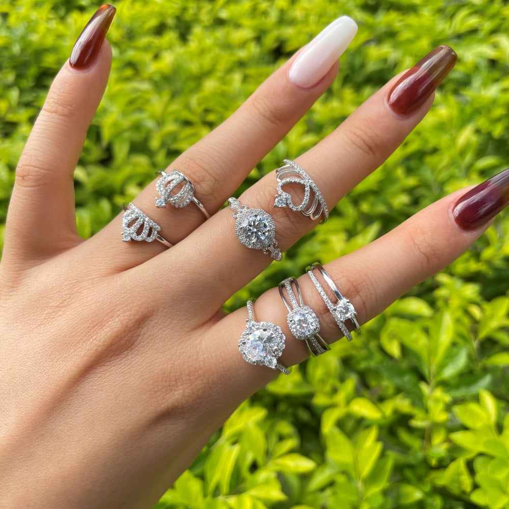 Silver Zircon Oval Cut Crossing Multi Shape Halo Ring