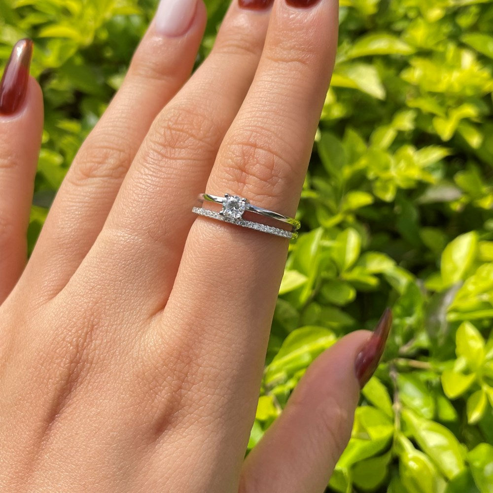Silver Zircon Round Cut Double Layered Dainty Ring