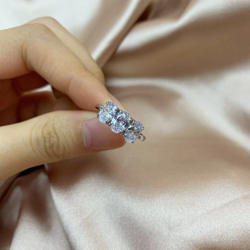 Silver Zircon Oval Cut Inlaid Three Stone Ring