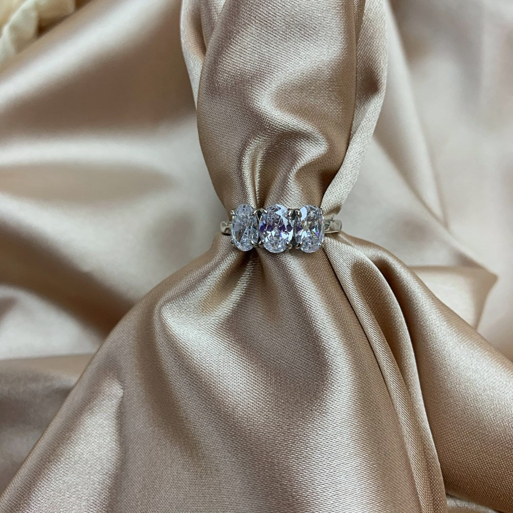 Silver Zircon Oval Cut Inlaid Three Stone Ring