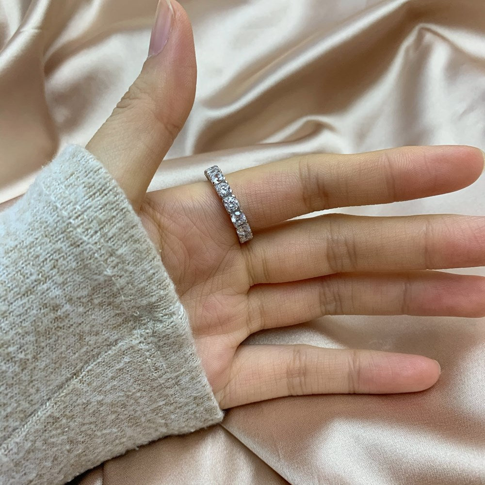 Silver Zircon Round Cut Wrapped Box Eternity Ring