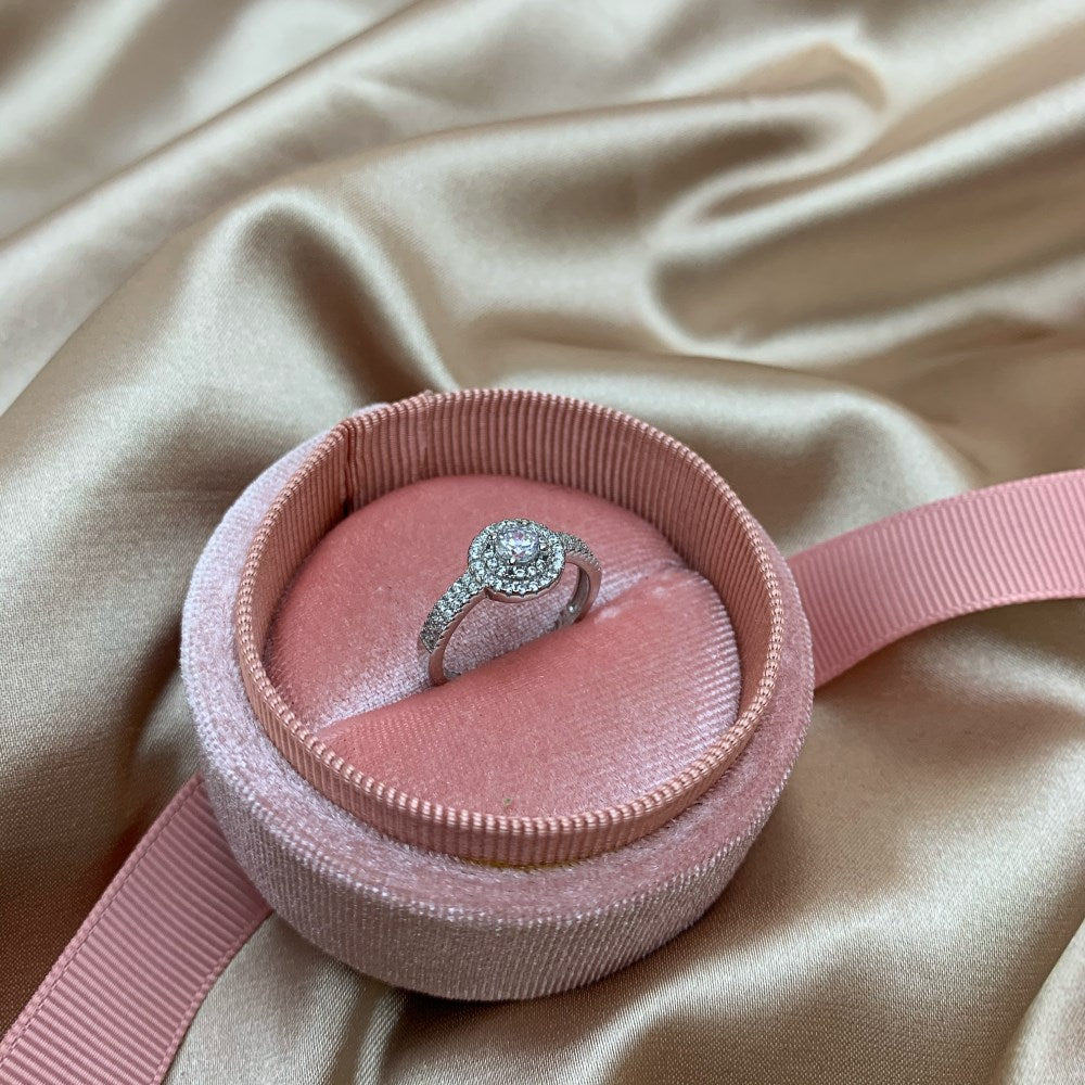 Silver Zircon Round Cut Iced Wrapped Halo Ring