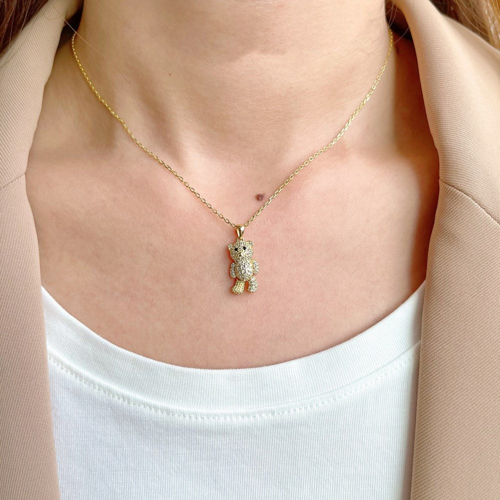 Silver Zircon Round Cut Iced Bear Pendant Necklace