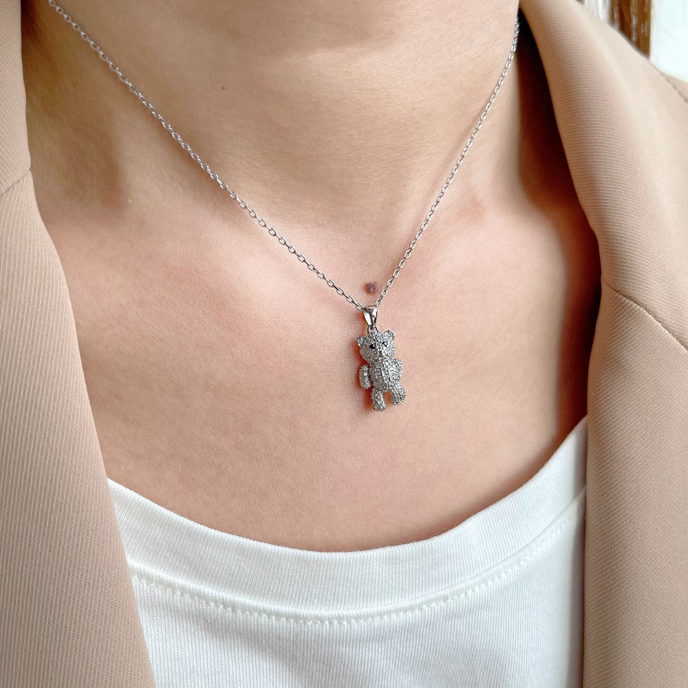 Silver Zircon Round Cut Iced Bear Pendant Necklace