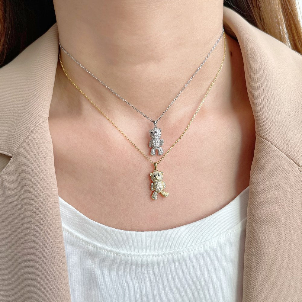 Silver Zircon Round Cut Iced Bear Pendant Necklace