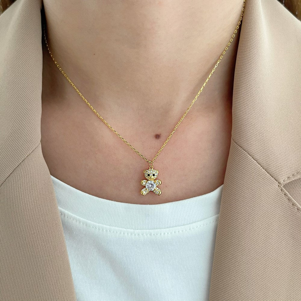 Silver Zircon Round Cut Bear Pendant Necklace