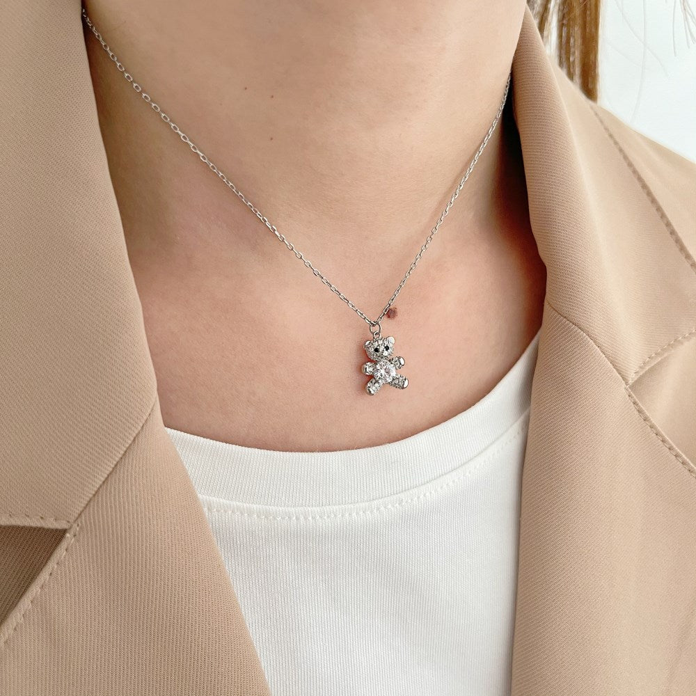 Silver Zircon Round Cut Bear Pendant Necklace