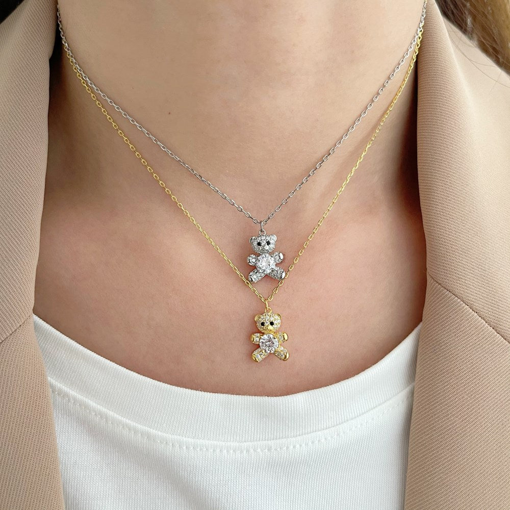 Silver Zircon Round Cut Bear Pendant Necklace