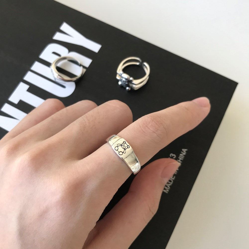 Silver Squared Bear Dainty Ring