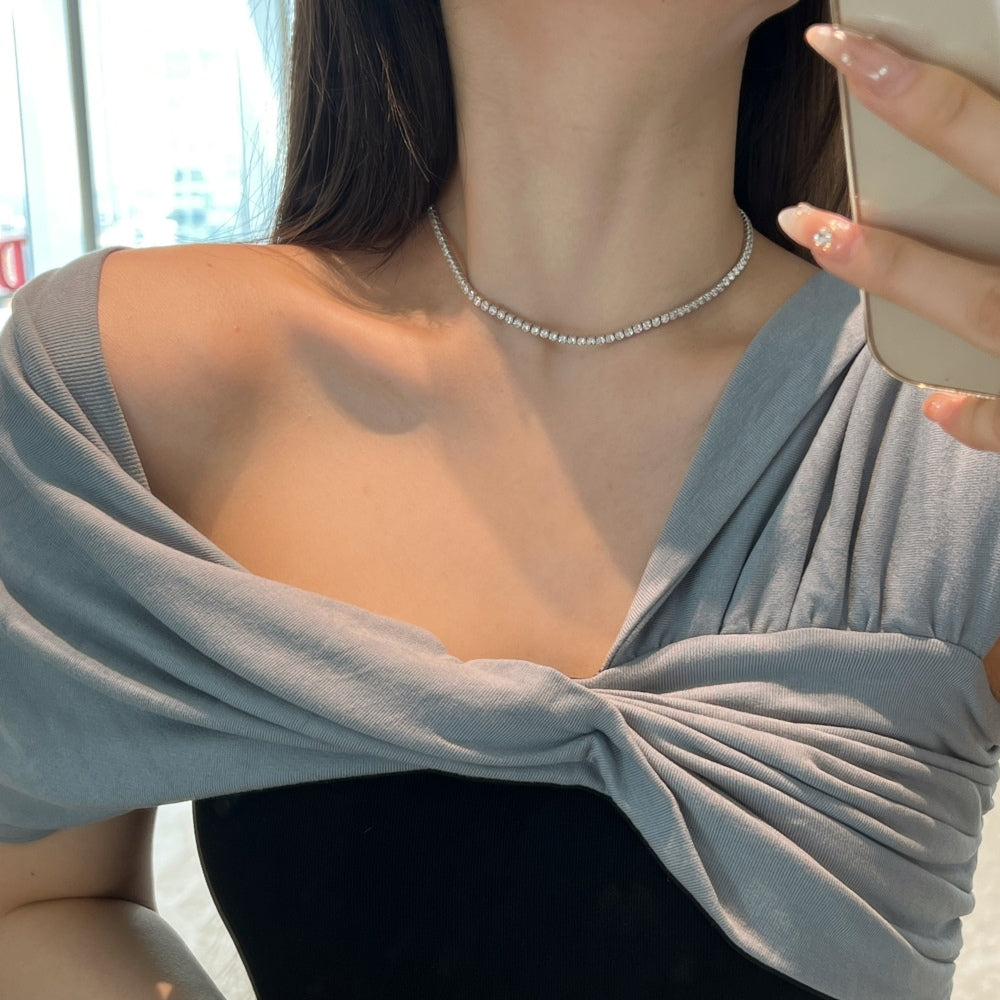 Silver Zircon Round Cut Inlaid Layered Tennis Necklace