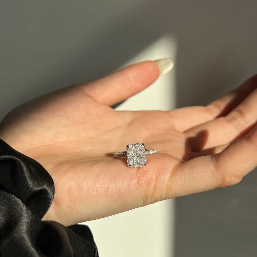 Silver Zircon Radiant Cut Iced Inlaid Solitaire Ring
