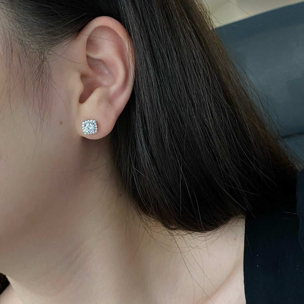 Silver Zircon Round Cut Cushion Ear Studs