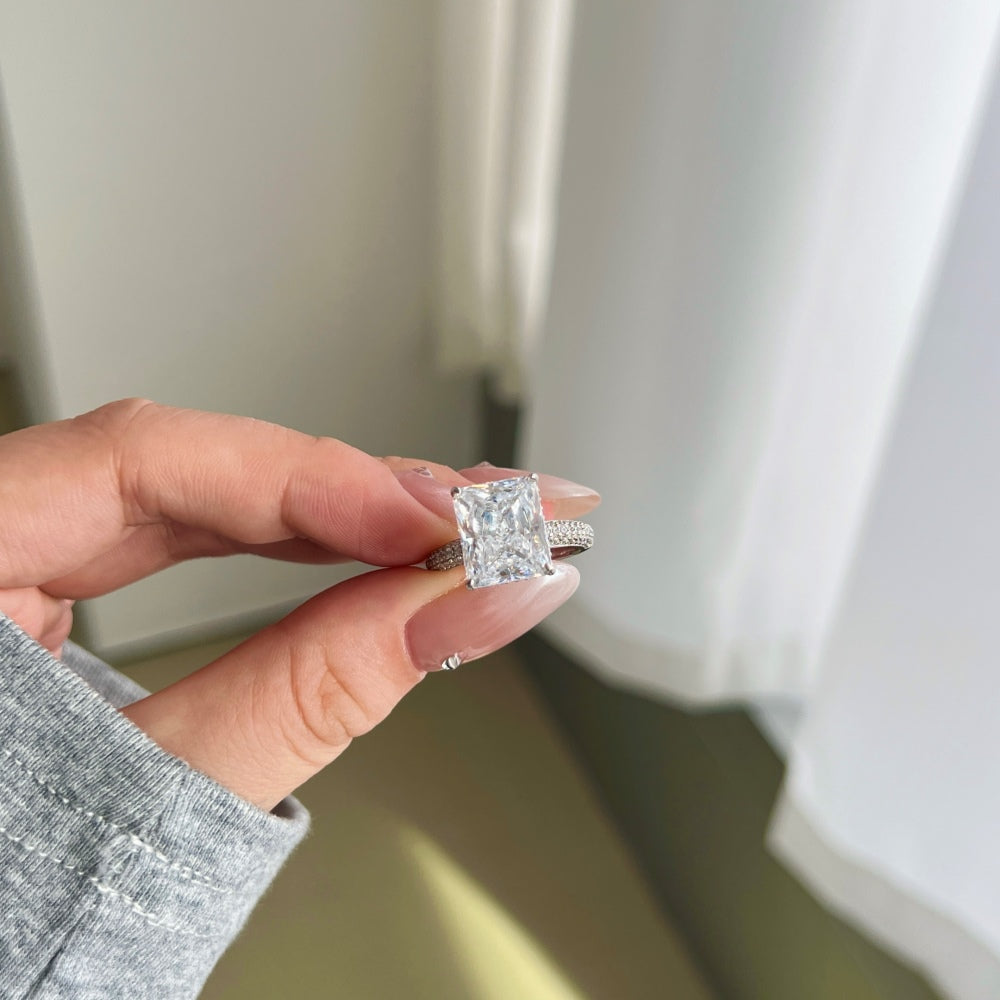 Silver Zircon Radiant Cut Iced Squared Solitaire Ring