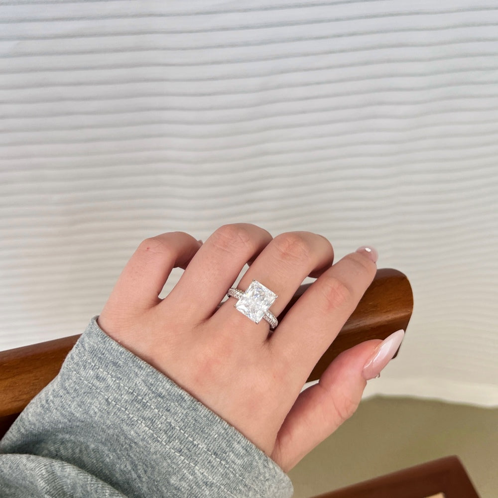 Silver Zircon Radiant Cut Iced Squared Solitaire Ring