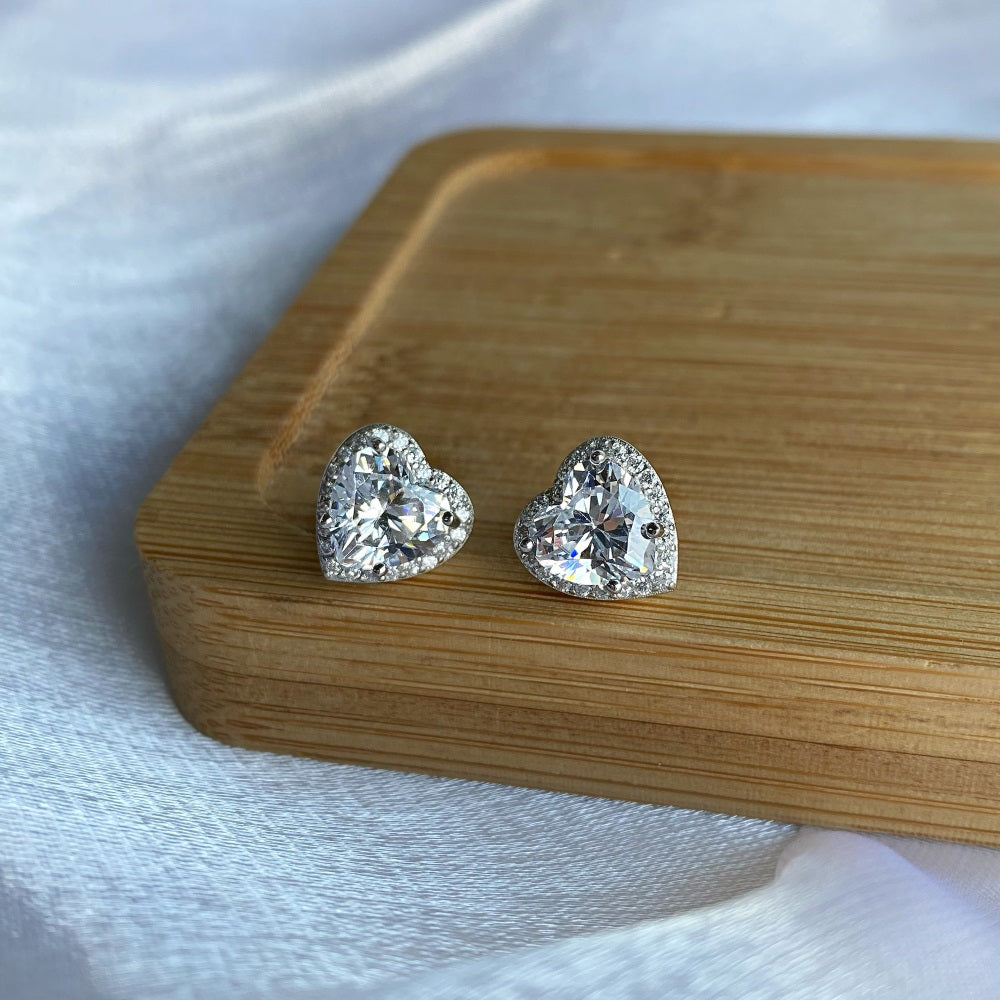 Silver Zircon Heart Cut Big Inlaid Halo Ear Studs