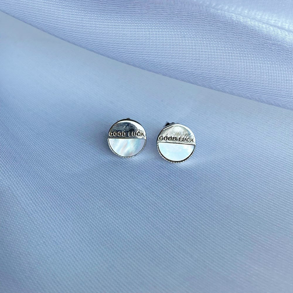 Silver Opal Half Moon Cut Good Luck Disc Ear Studs