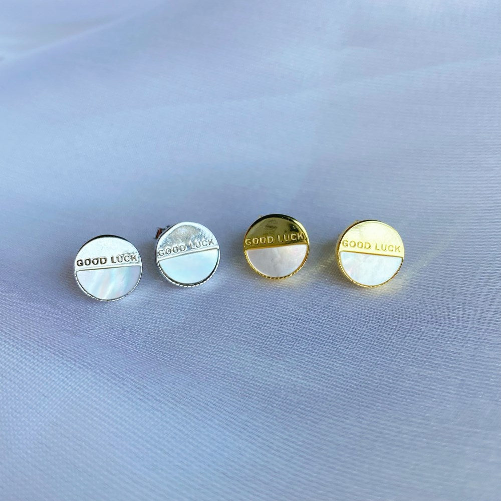 Silver Opal Half Moon Cut Good Luck Disc Ear Studs