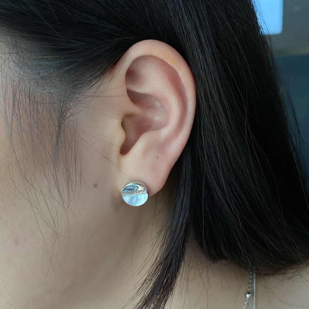 Silver Opal Half Moon Cut Good Luck Disc Ear Studs