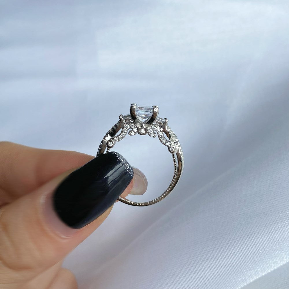 Silver Zircon Princess Cut Inlaid Three Stone Ring