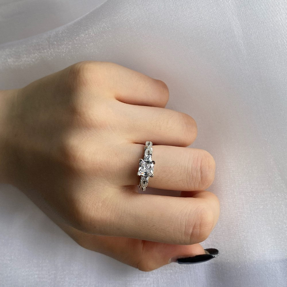 Silver Zircon Princess Cut Inlaid Three Stone Ring