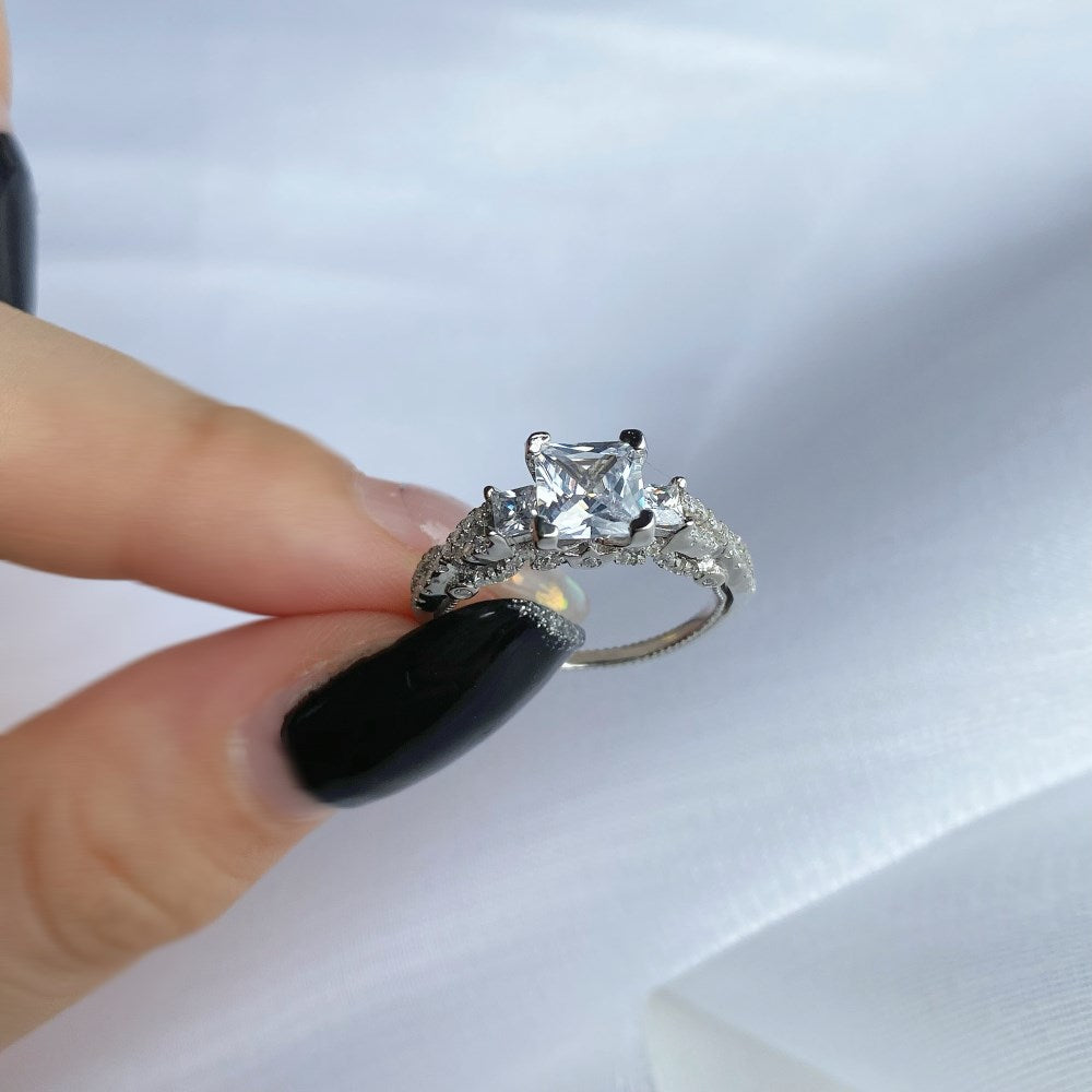 Silver Zircon Princess Cut Inlaid Three Stone Ring