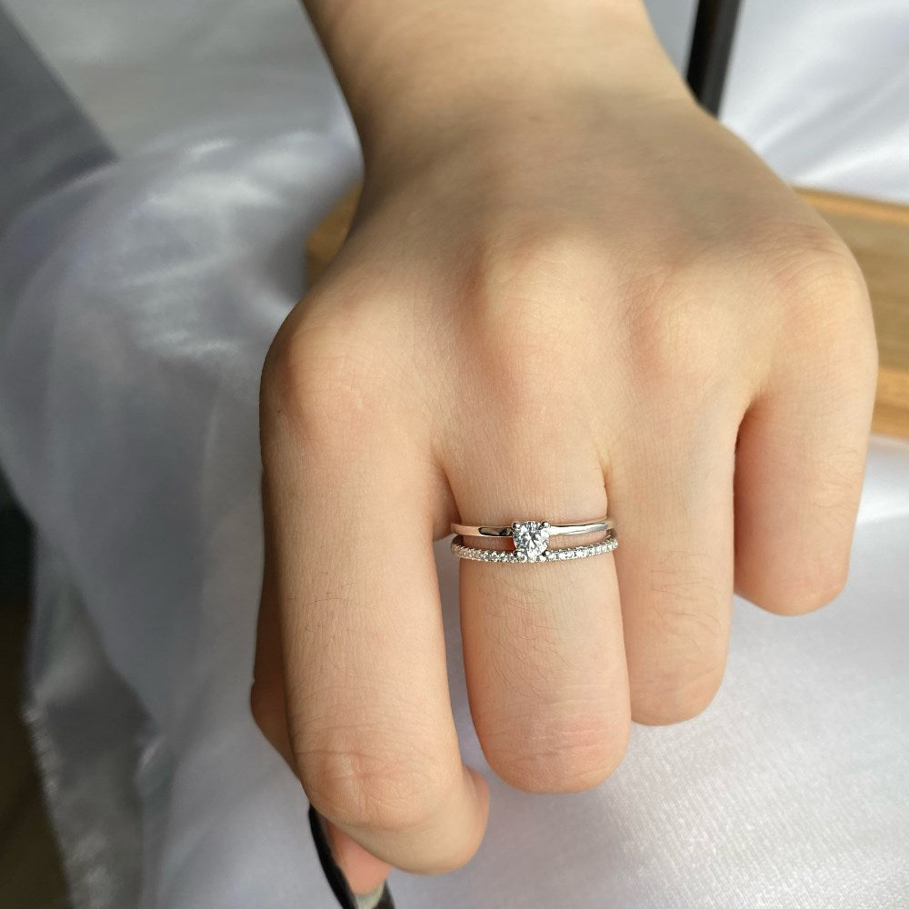 Silver Zircon Round Cut Double Layered Dainty Ring