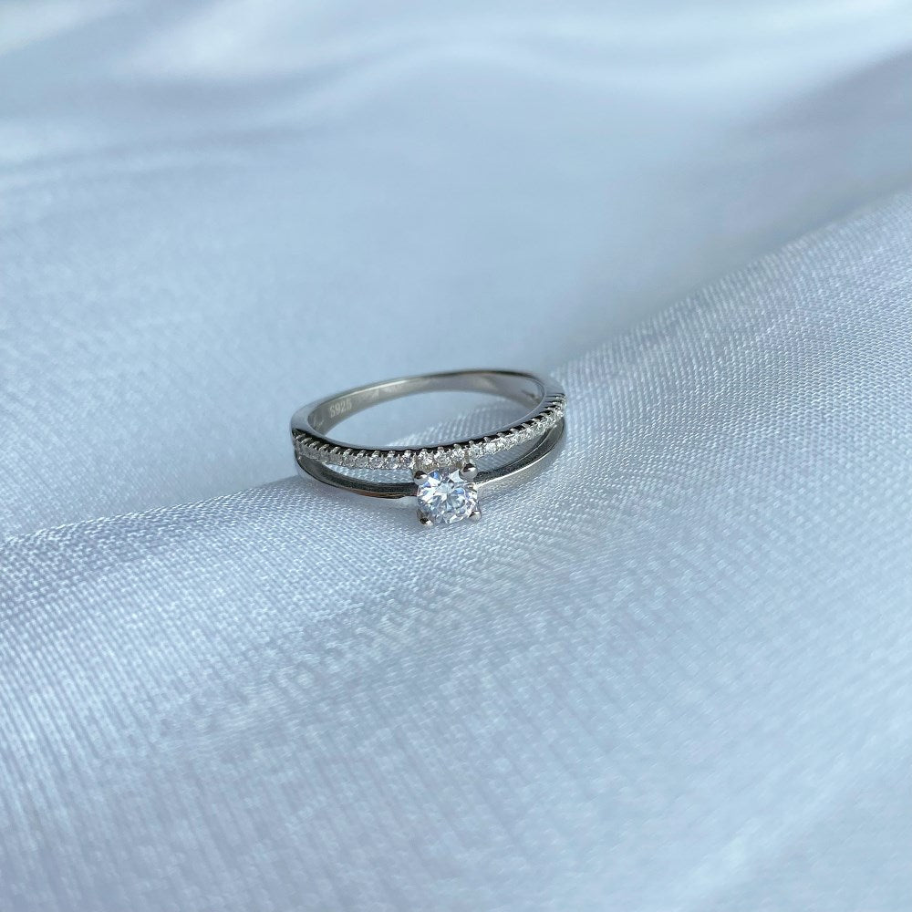 Silver Zircon Round Cut Double Layered Dainty Ring