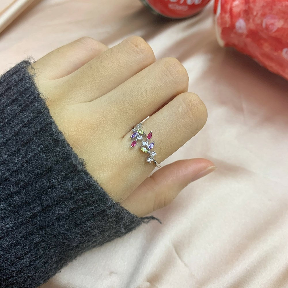 Silver Zircon Marquise Cut Open Twisted Leaf Bypass Ring