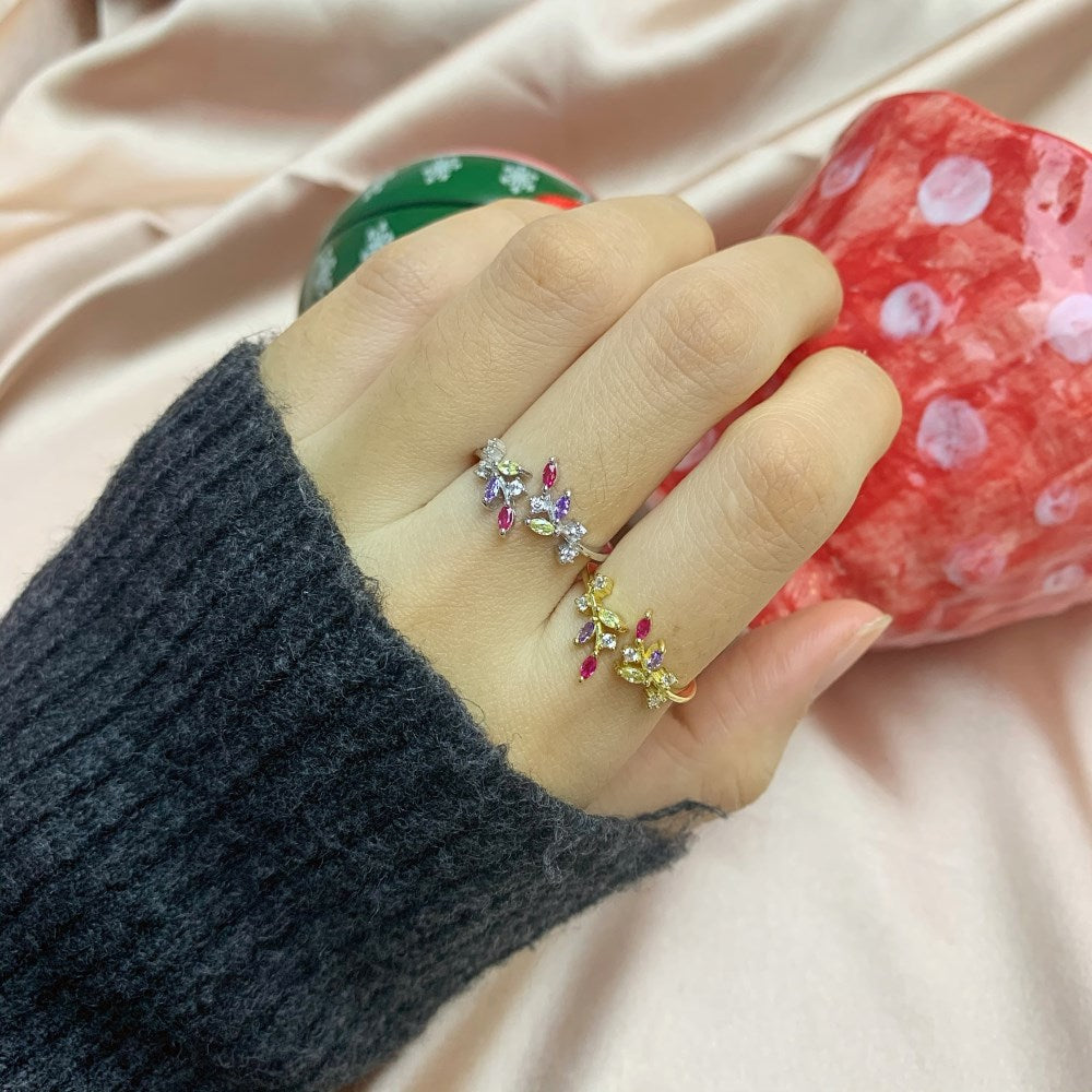 Silver Zircon Marquise Cut Open Twisted Leaf Bypass Ring