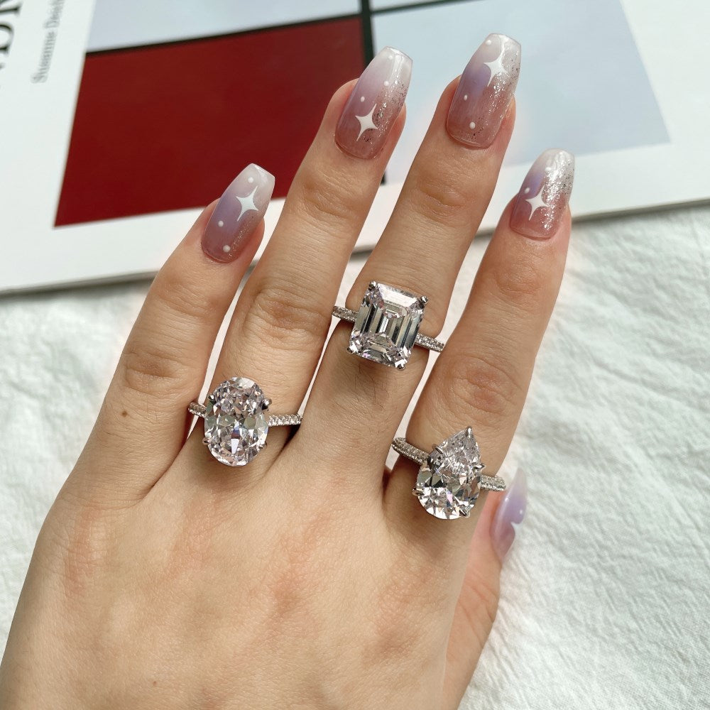 Silver Zircon Oval Cut Big Inlaid Wrapped Solitaire Ring