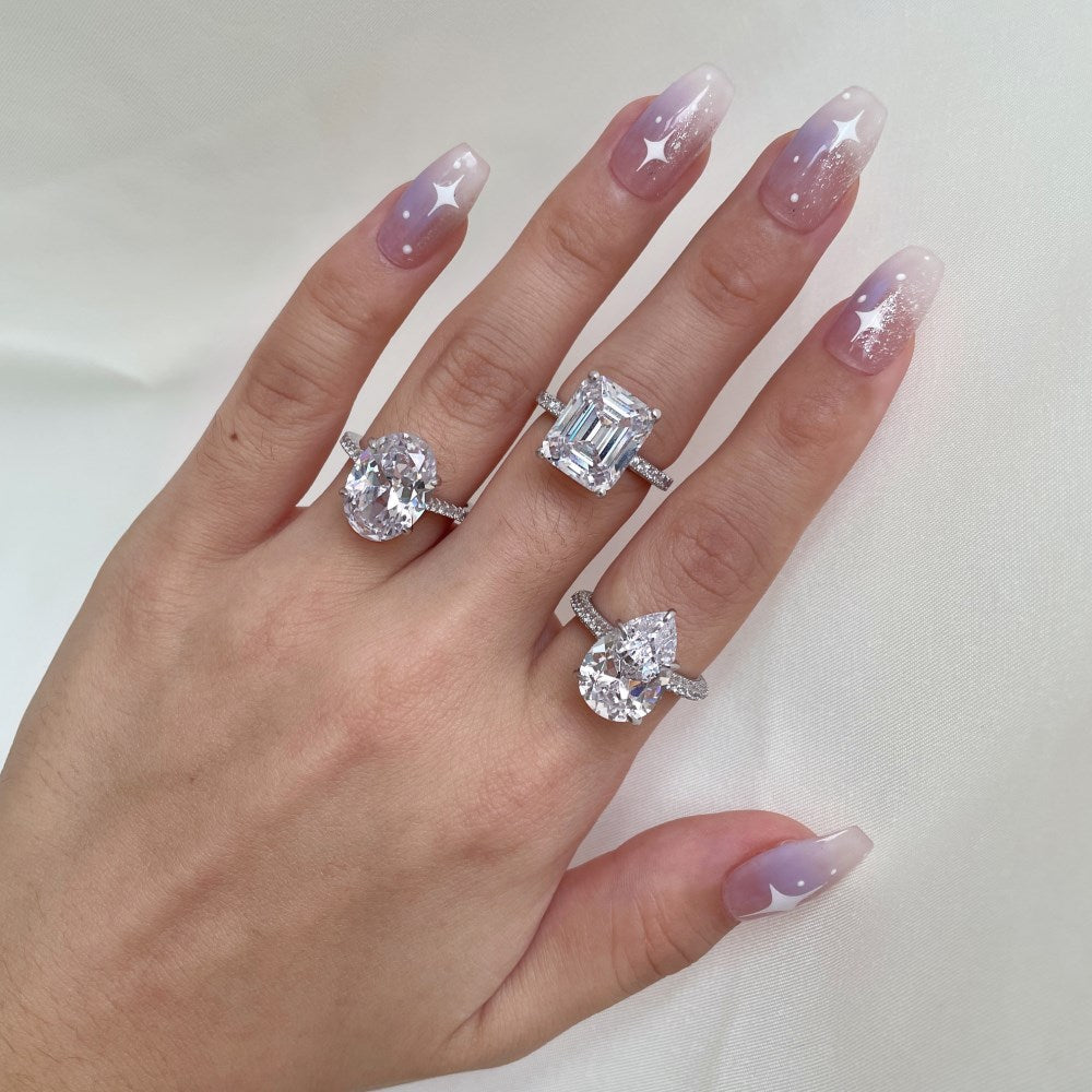 Silver Zircon Oval Cut Big Inlaid Wrapped Solitaire Ring