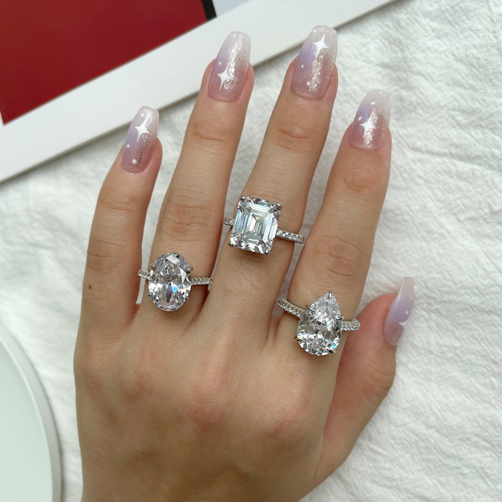 Silver Zircon Oval Cut Big Inlaid Solitaire Ring